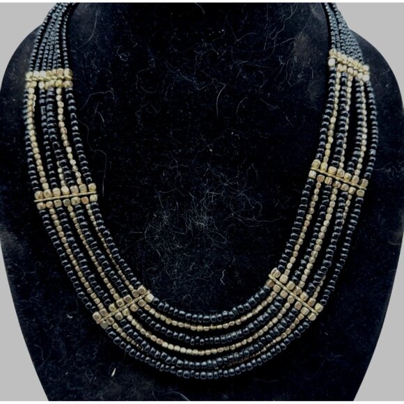 Multi-Strand Black & Gold Beaded Necklace With Adjustable Chain 21" READ - Picture 1 of 2